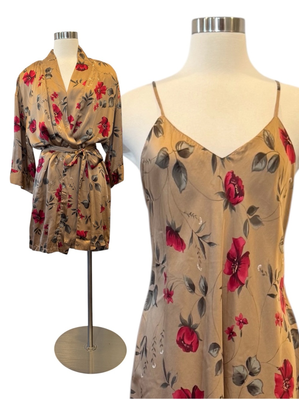 August Silk 100% Rich Red Brown Floral Vintage Slip Dress Robe Matching 2pc Set